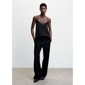 Mango Black Lace Satin Camisole Top Sleeveless V-Neck Lingerie Style Top Size S